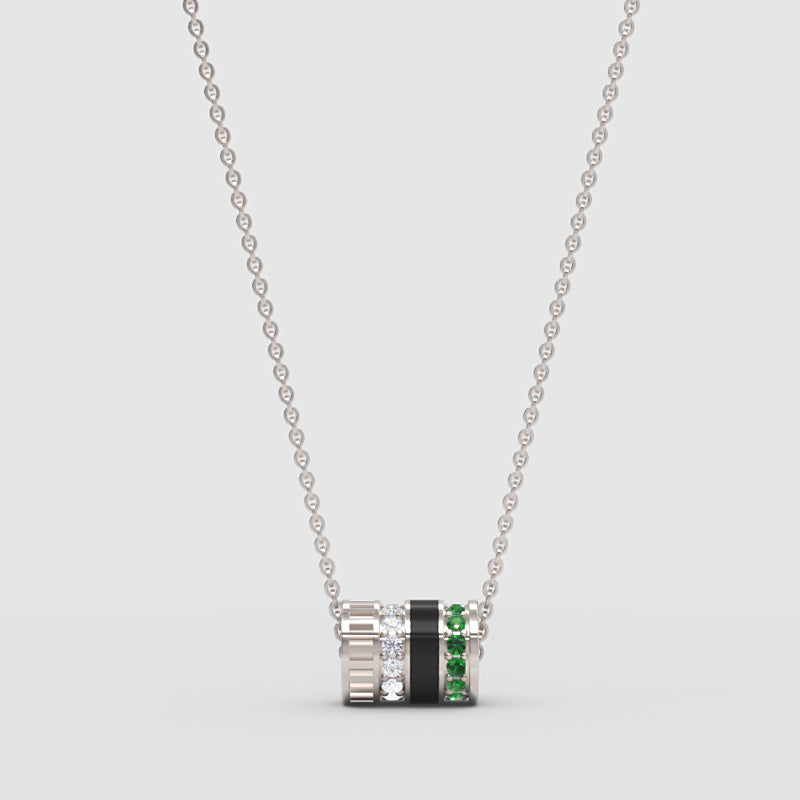 Diamond & Green Gemstone Barrel Pendant Necklace With Custom Enamel | Adjustable 16–17 Inch Chain In Yellow Gold | Jebij - Three