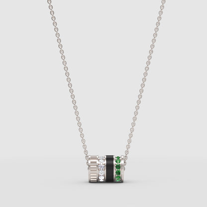 Diamond & Green Gemstone Barrel Pendant Necklace With Custom Enamel | Adjustable 16–17 Inch Chain In Yellow Gold | Jebij - Three