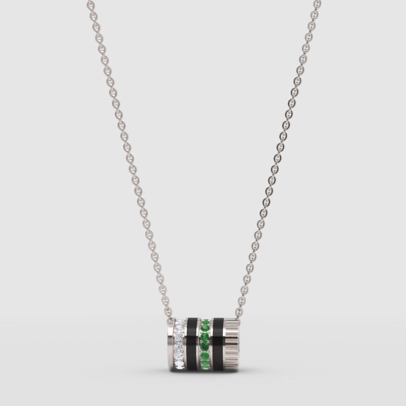 Yellow Gold Multi-Band Barrel Pendant Necklace With Diamond, Green Gemstone & Enamel | Jebij - Three