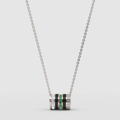 Yellow Gold Multi-Band Barrel Pendant Necklace With Diamond, Green Gemstone & Enamel | Jebij - Three