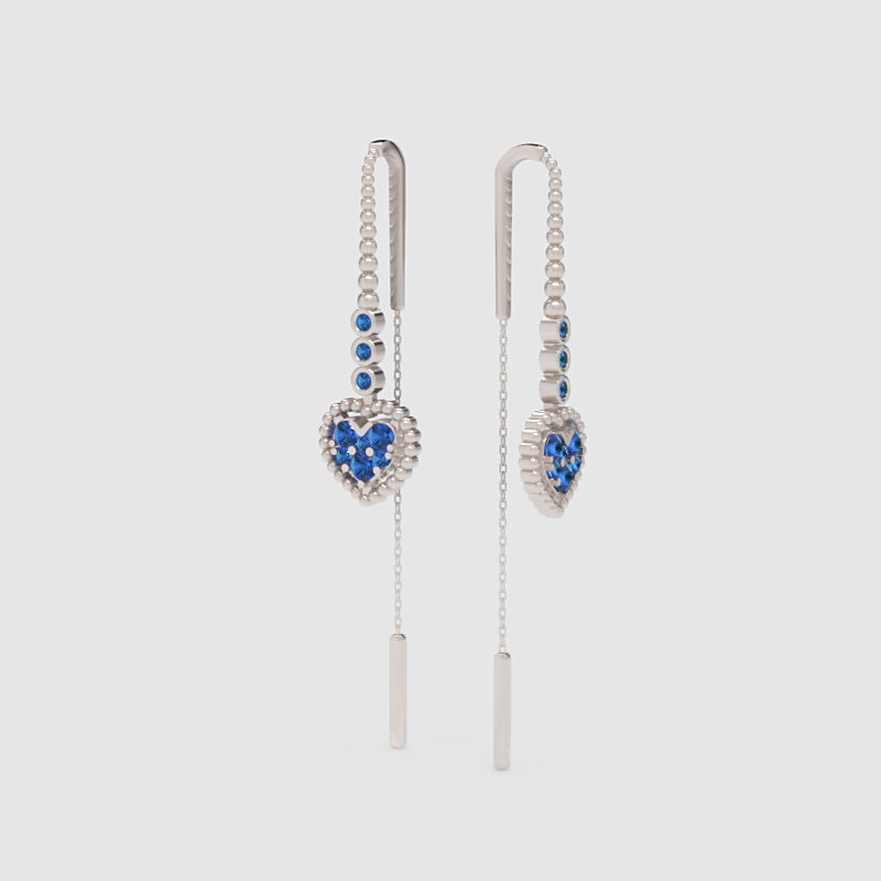 Blue Sapphire Heart Threader Earrings With Bar Drop - Three