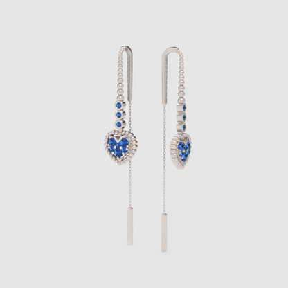 Blue Sapphire Heart Threader Earrings With Bar Drop - Three