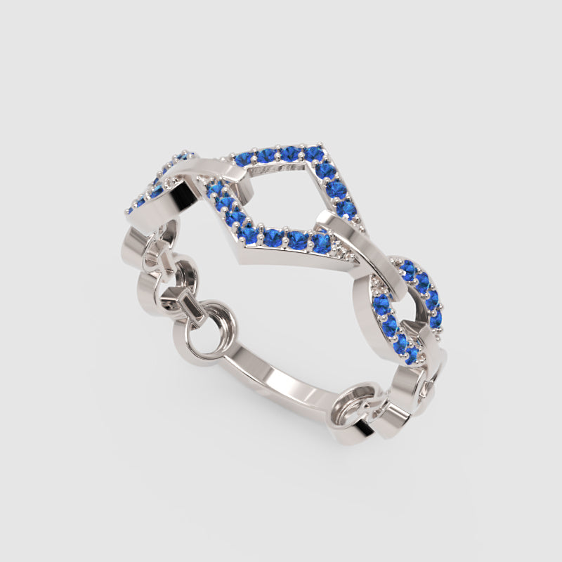 Blue Sapphire Chevron Chain Link Ring In White Gold | Geometric Double V Statement Ring For Women | Jebij - Three