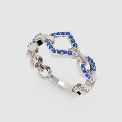 Blue Sapphire Chevron Chain Link Ring In White Gold | Geometric Double V Statement Ring For Women | Jebij - Three