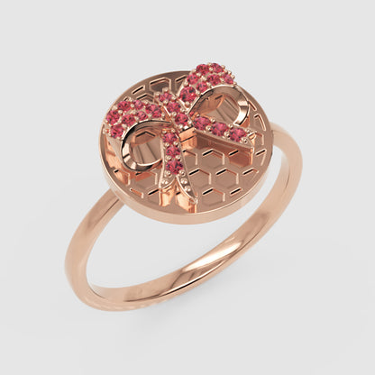 Honeycomb Bee Ring With Pink Gemstones  Rose Tone Disc Ring - Three