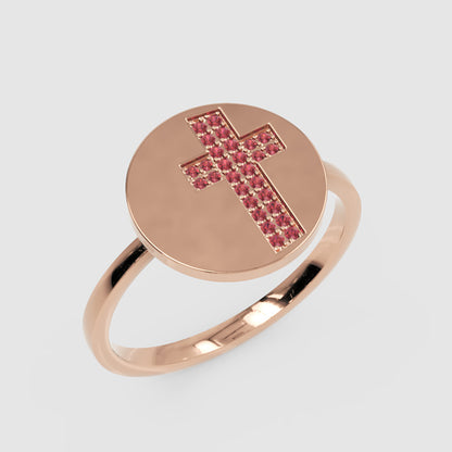 Ruby Cross Signet Disc Ring - Three