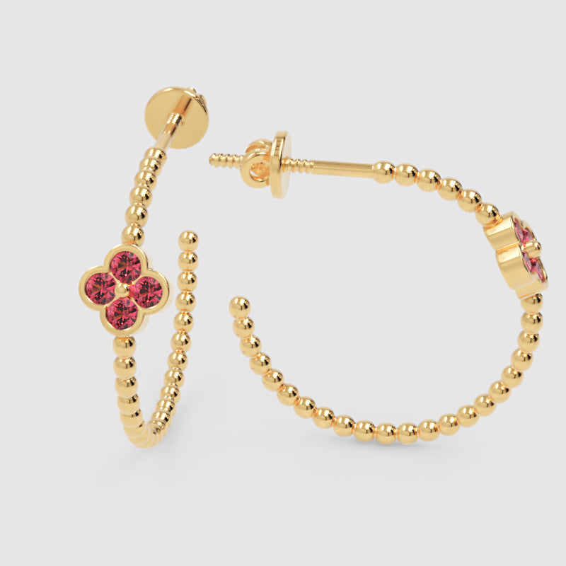 Beaded Hoop Earrings With Pink Crystal Flower Accent - Four