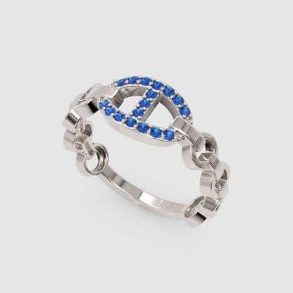 Blue Sapphire Oval Ring (Lab-Grown) | White Gold Chain Link Bar Design For Women | Jebij - Three