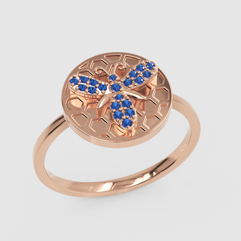 Blue Sapphire Honeycomb Bee Ring With Hexagonal Pattern Design - Five