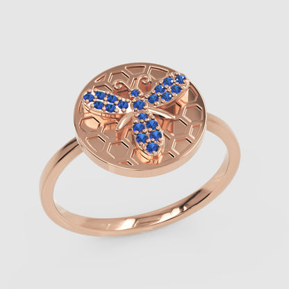Blue Sapphire Honeycomb Bee Ring With Hexagonal Pattern Design - Five