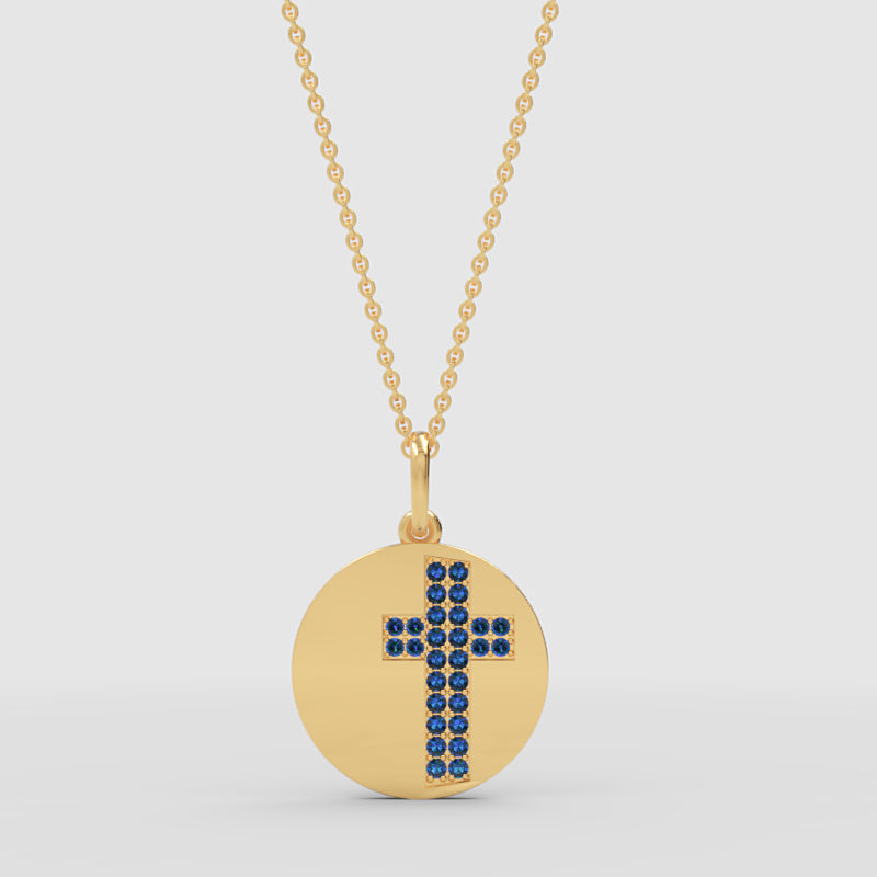 Blue Crystal Cross Disc Pendant Necklace - Two