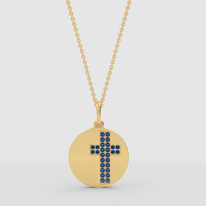 Blue Crystal Cross Disc Pendant Necklace - Two