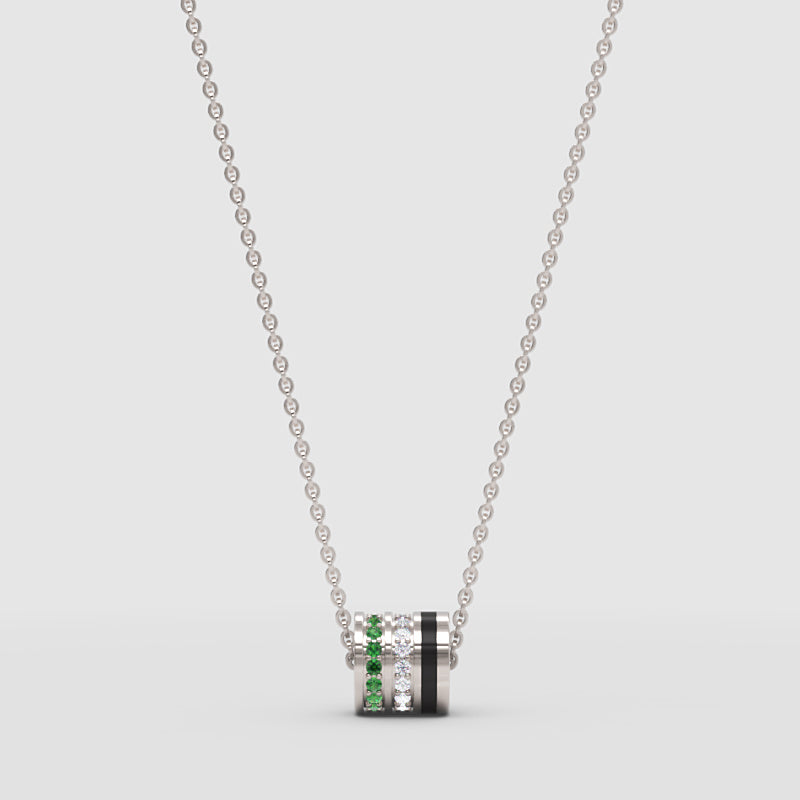 Emerald And Diamond Barrel Pendant Necklace With Black Enamel Accent - Three