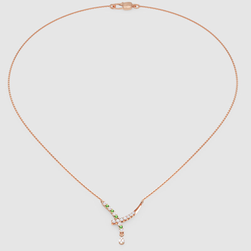 Natural Diamond Curved Bar Necklace With Green Gemstone Drop Pendant - Thirteen