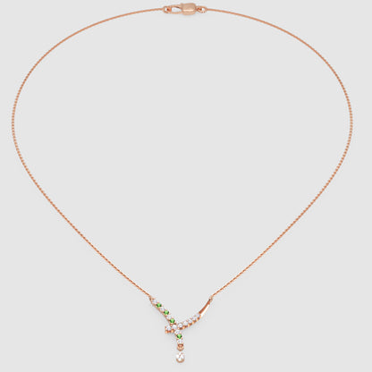 Natural Diamond Curved Bar Necklace With Green Gemstone Drop Pendant - Thirteen