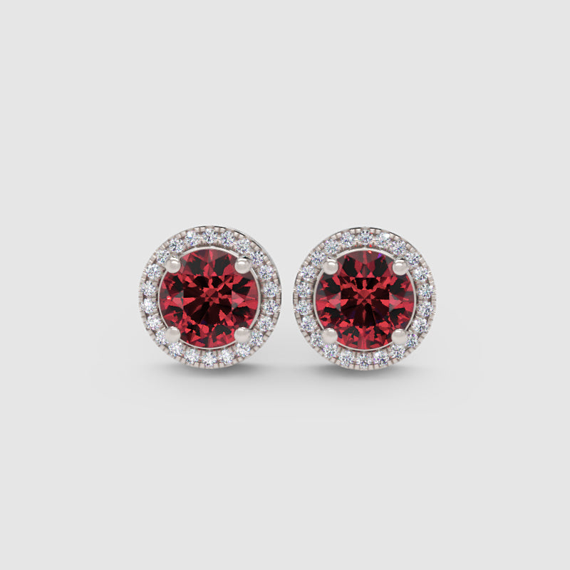 Ruby Red Round Halo Stud Earrings With Screw Back - One