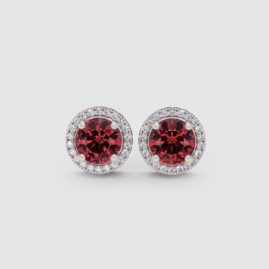 Ruby Red Round Halo Stud Earrings With Screw Back - One