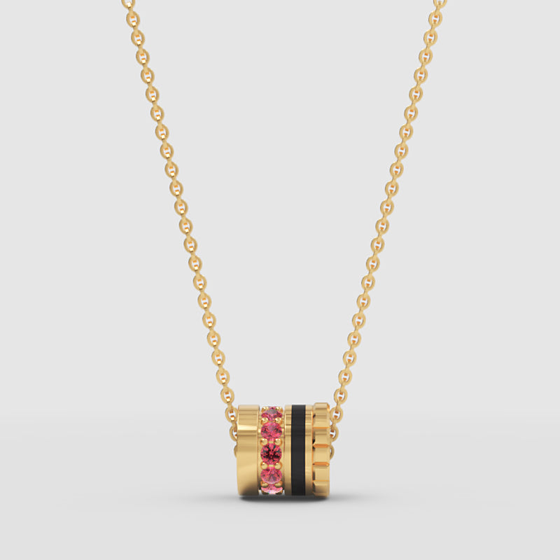 Rose Tone Barrel Pendant Necklace With Pink Gemstone And Black Enamel - Four