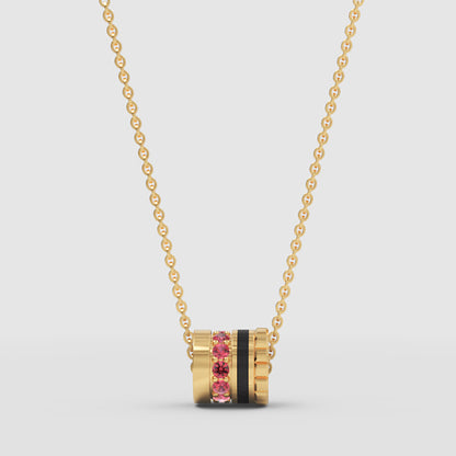 Rose Tone Barrel Pendant Necklace With Pink Gemstone And Black Enamel - Four