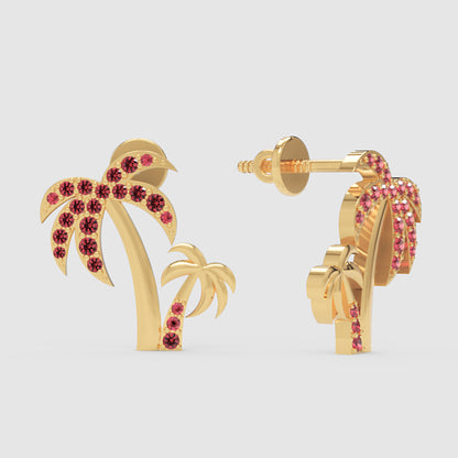 Pink Crystal Palm Tree Stud Earrings - Four