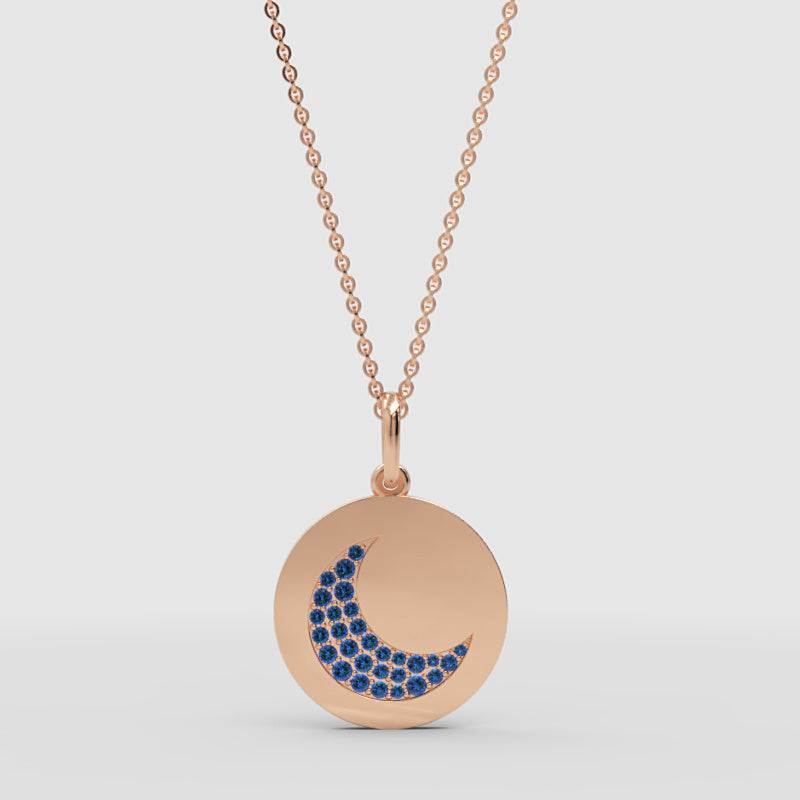 Blue Sapphire Crescent Moon Disc Pendant Necklace - Three