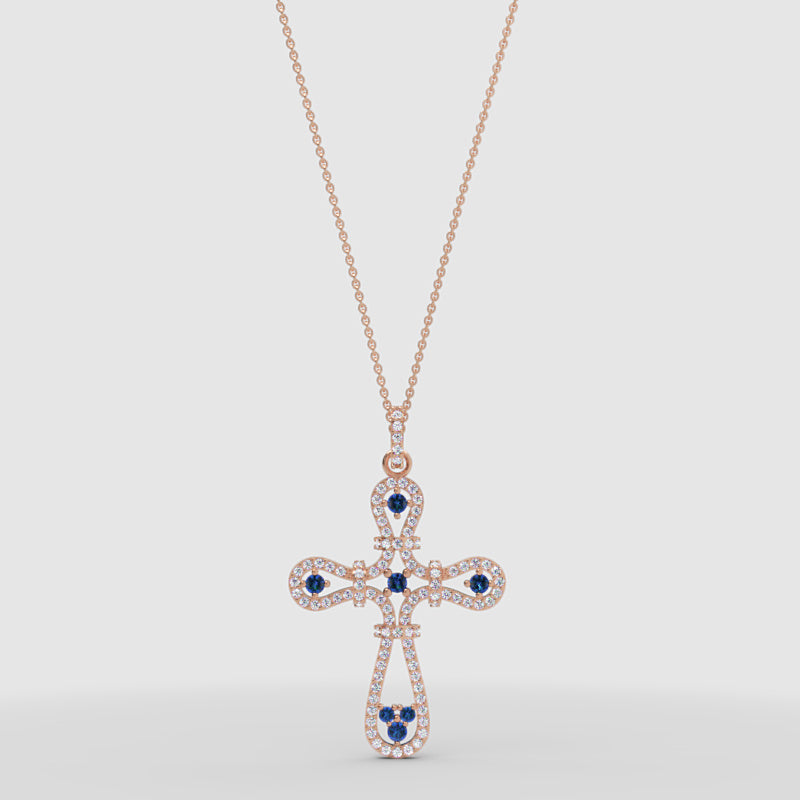 Blue Sapphire And Diamond Cross Pendant Necklace - Three
