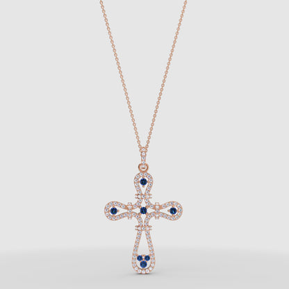 Blue Sapphire And Diamond Cross Pendant Necklace - Three