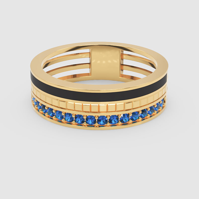 Gold Blue Sapphire Band Ring 6Mm With Black Enamel – Wide Statement Luxury Ring | Jebij - Four
