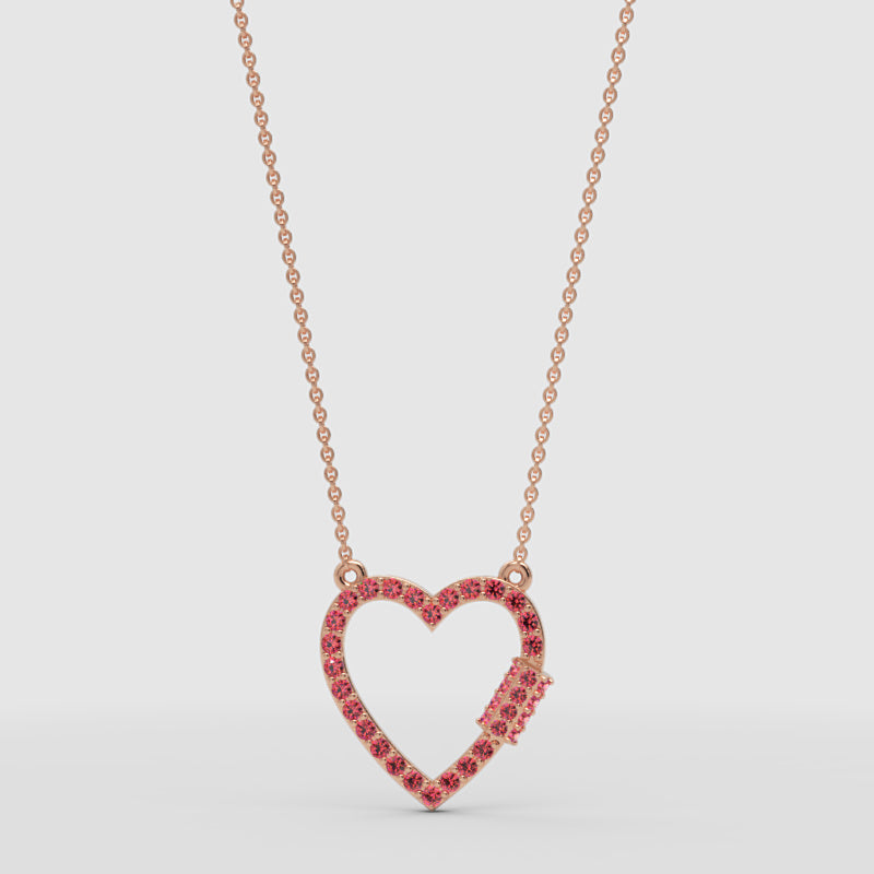 Lab-Grown Ruby Open Heart Necklace In White Gold | Romantic Pave Pendant With Adjustable 16–17 Inch Chain - Four