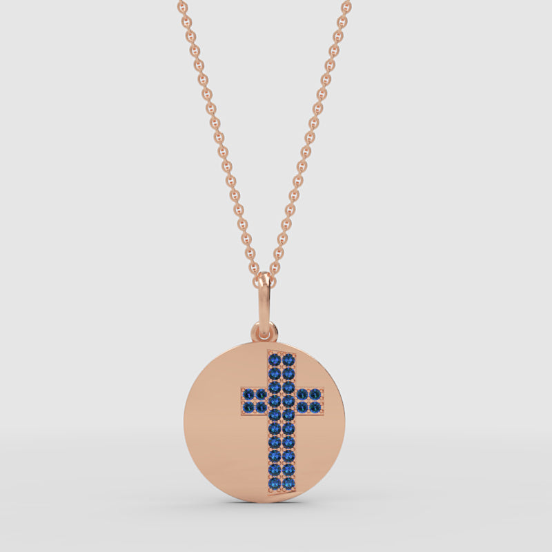 Blue Crystal Cross Disc Pendant Necklace - Three