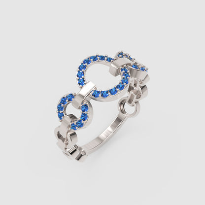 Blue Sapphire Multi-Link Circular Ring In White Gold | Double Pave Interlocking Chain Statement Luxury Ring For Women | Jebij - Six