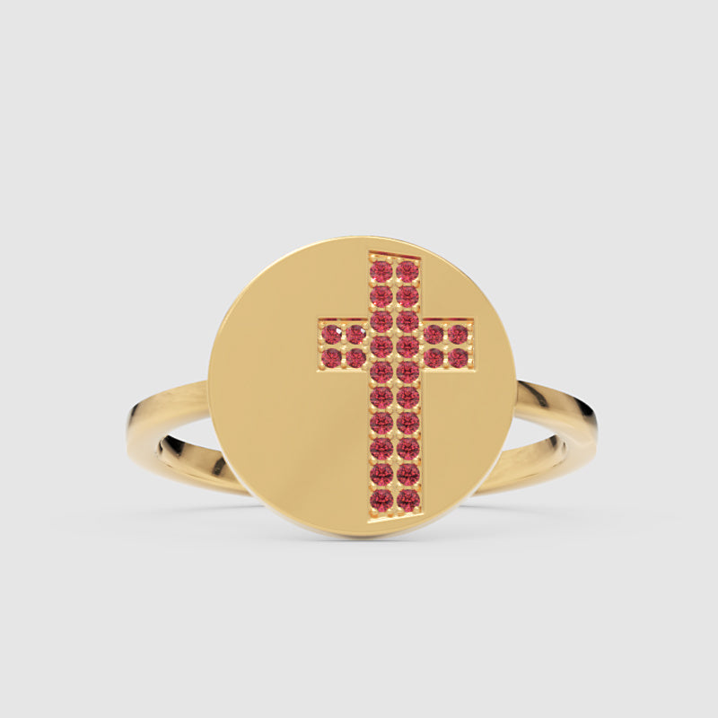 Ruby Cross Signet Disc Ring - Four