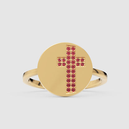 Ruby Cross Signet Disc Ring - Four
