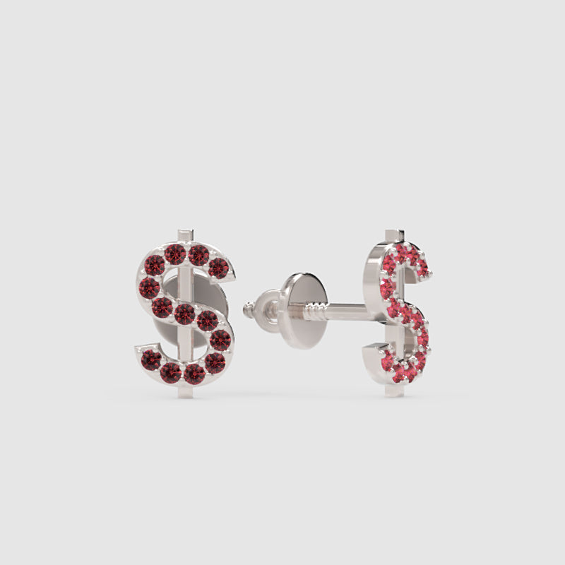 Dollar Sign Stud Earrings With Pink Gemstones - Four