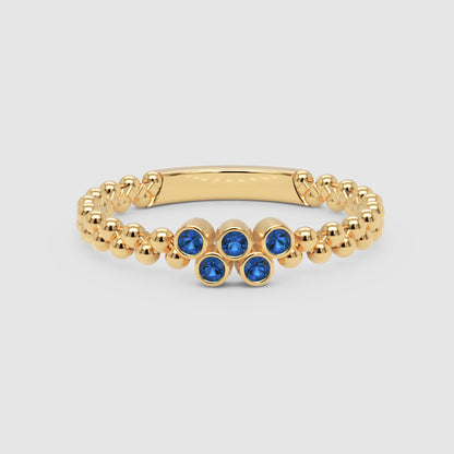 Lab-Grown Blue Sapphire Cluster Ring in Rose Gold – Minimal Beaded Band Stackable Ring | Jebij