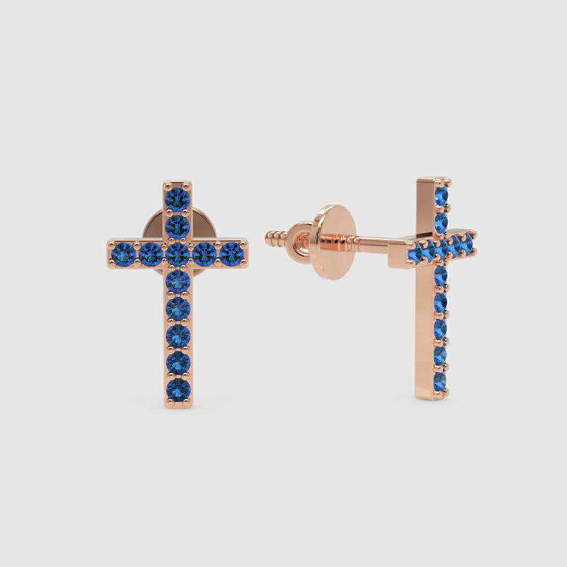 Blue Sapphire Cross Stud Earrings With Screw Back Closure - Four