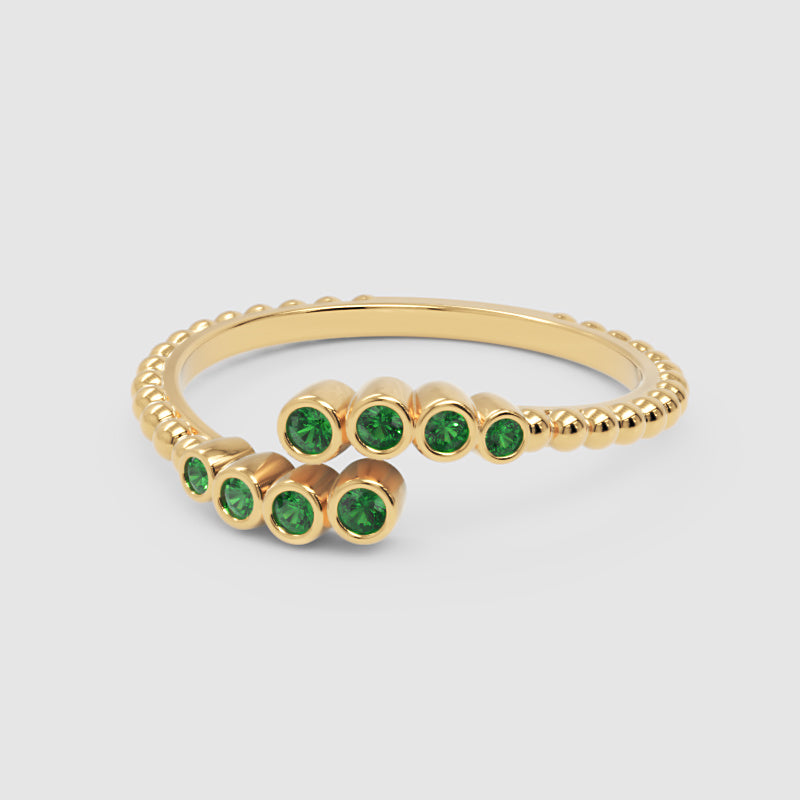 Beaded Open Wrap Ring With Green Emerald Stones - Four