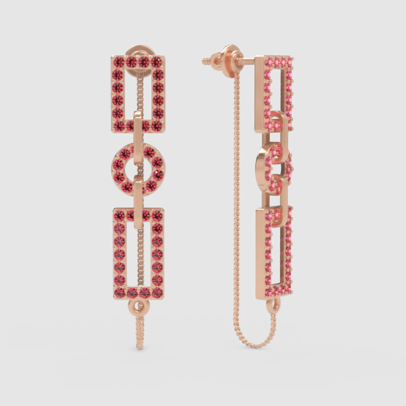 Red Gemstone Geometric Chain Drop Earrings With Rectangle And Circle Links - Four