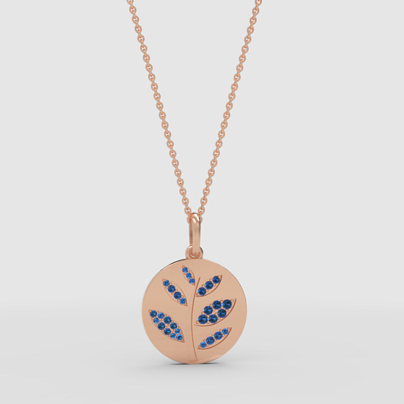 Blue Crystal Leaf Branch Disc Pendant Necklace - Three