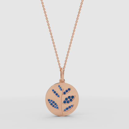 Blue Crystal Leaf Branch Disc Pendant Necklace - Three