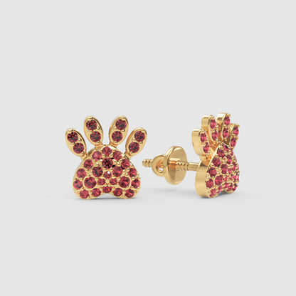 Red Crystal Paw Print Stud Earrings With Screw Back - Four