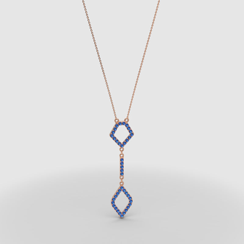 Blue Sapphire Geometric Drop Pendant Necklace | White Gold Adjustable 16–17 Inch Chain - Four