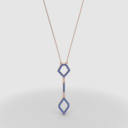 Blue Sapphire Geometric Drop Pendant Necklace | White Gold Adjustable 16–17 Inch Chain - Four