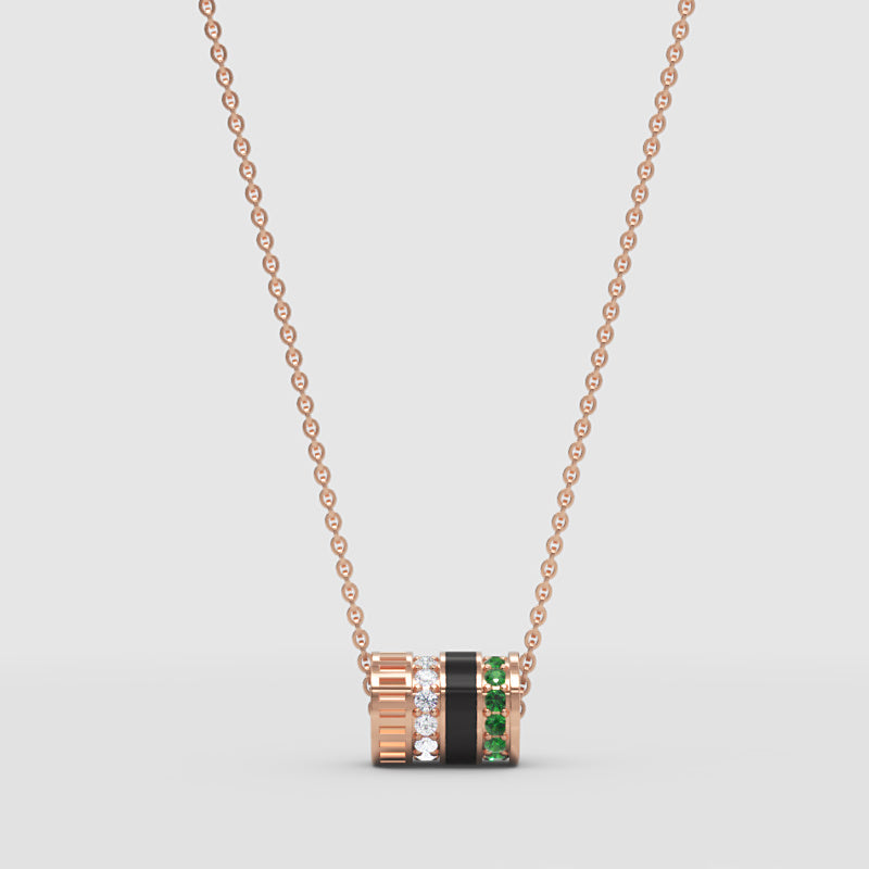 Diamond & Green Gemstone Barrel Pendant Necklace With Custom Enamel | Adjustable 16–17 Inch Chain In Yellow Gold | Jebij - Four