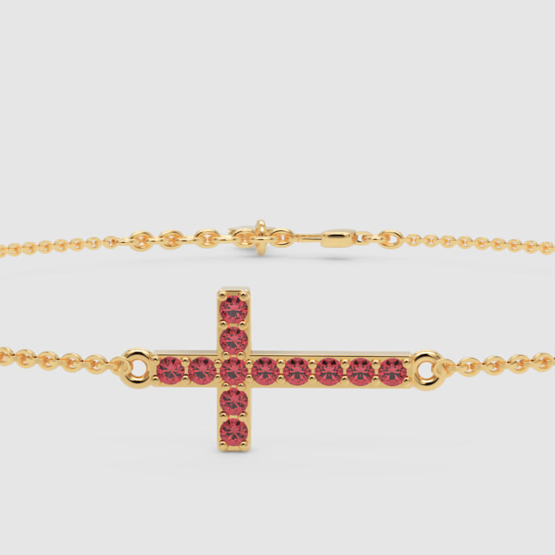 Sideways Cross Bracelet With Pink Crystal Stones Rose Tone Chain - Four