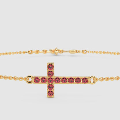 Sideways Cross Bracelet With Pink Crystal Stones Rose Tone Chain - Four