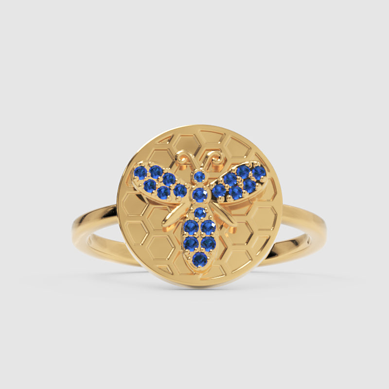 Blue Sapphire Honeycomb Bee Ring With Hexagonal Pattern Design - Six