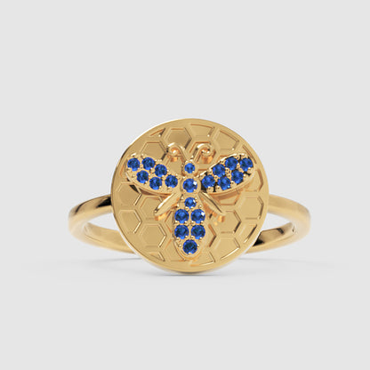 Blue Sapphire Honeycomb Bee Ring With Hexagonal Pattern Design - Six