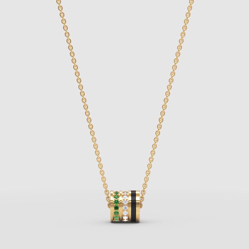 Emerald And Diamond Barrel Pendant Necklace With Black Enamel Accent - Four
