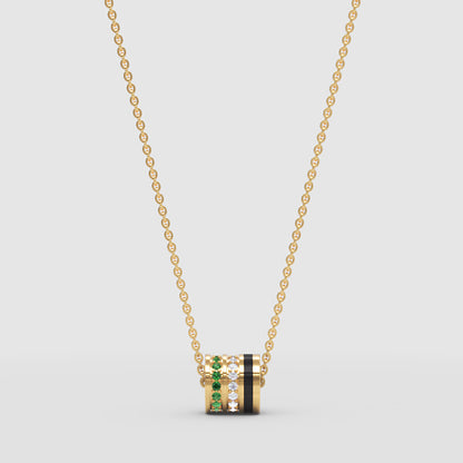 Emerald And Diamond Barrel Pendant Necklace With Black Enamel Accent - Four